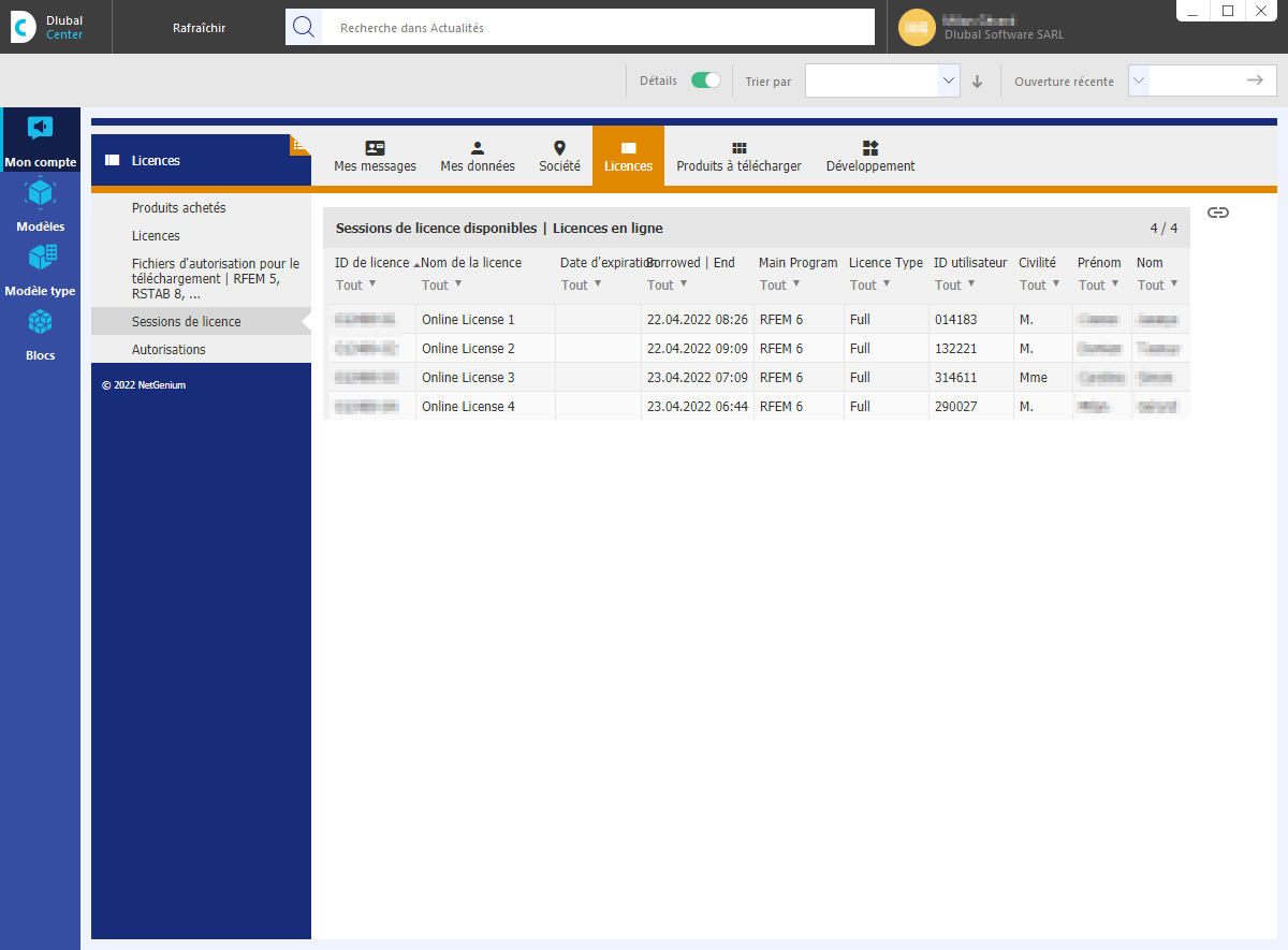 Sessions de licence actives