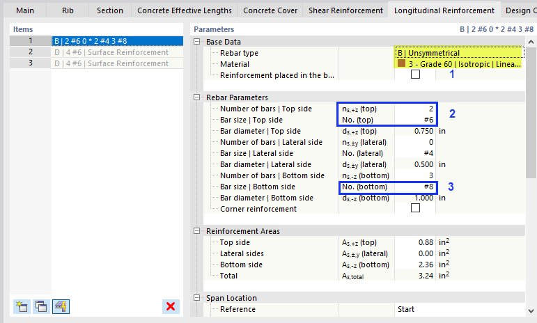 Définition des barres d’armature en face supérieure et inférieure
