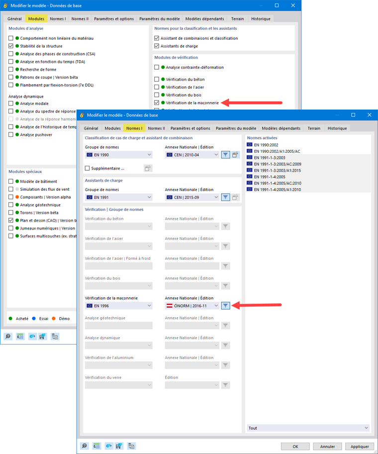 Activation du module complémentaire Vérification de la maçonnerie et sélection de la norme de vérification