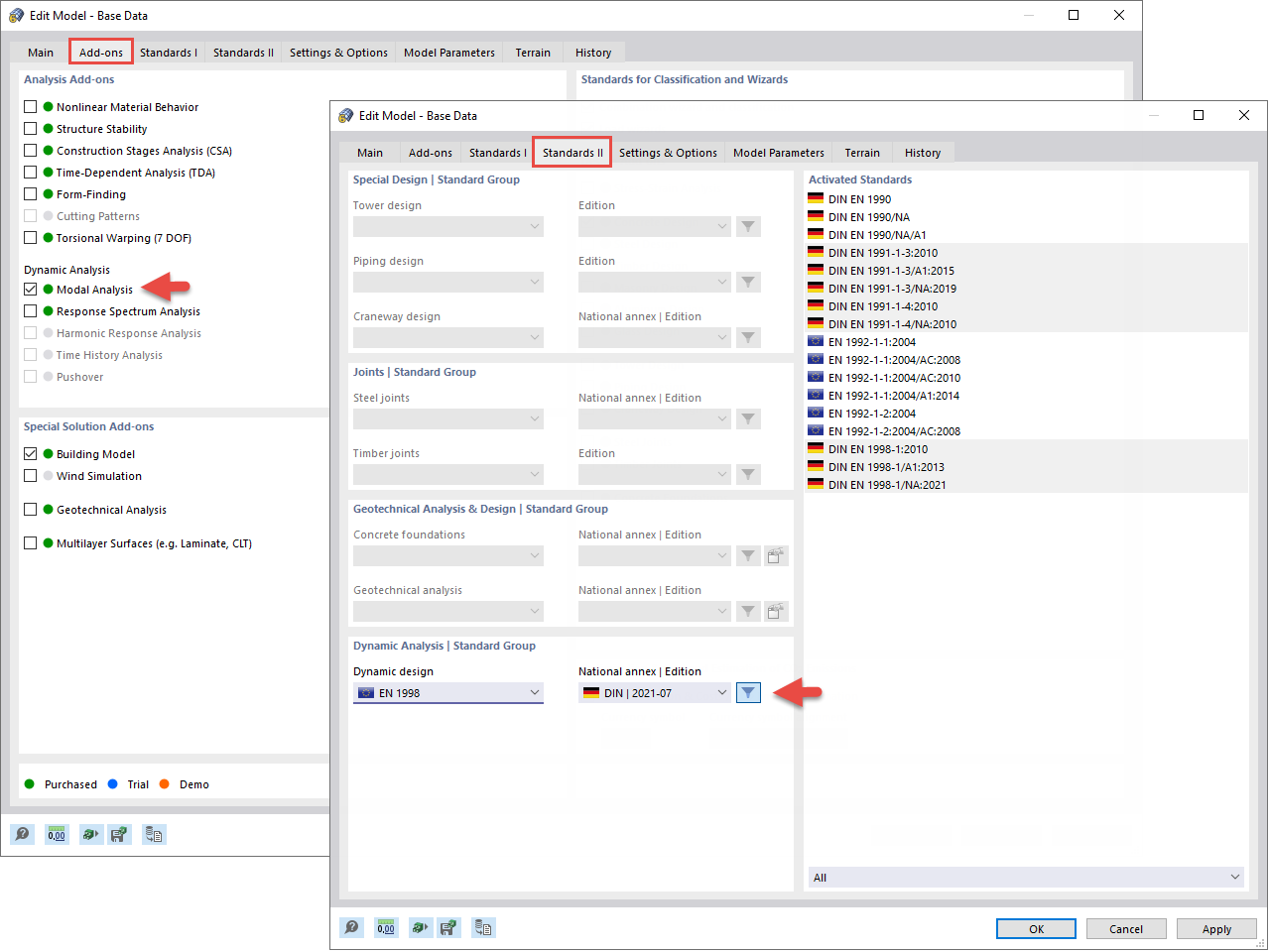 Activation du module complémentaire Analyse modale et sélection de la norme de calcul