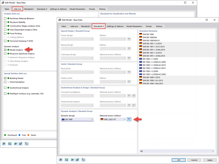 Activation du module complémentaire Analyse modale et sélection de la norme de calcul