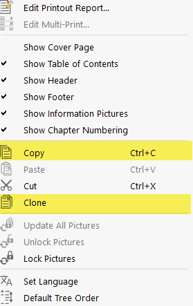 Options du menu contextuel pour copier ou cloner
