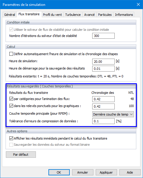 Paramètres de la simulation, Enregistrement des résultats
