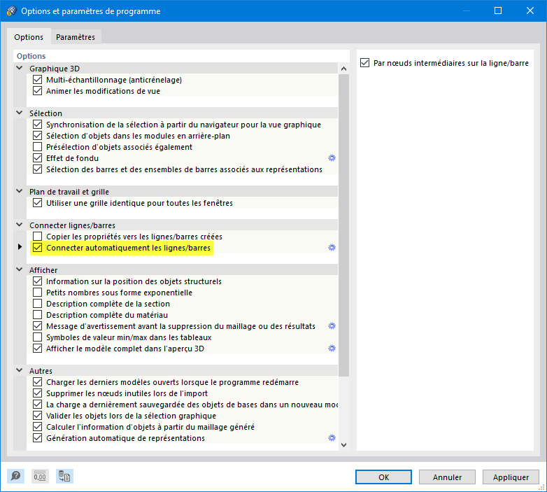 Boîte de dialogue « Options et paramètres de programme »