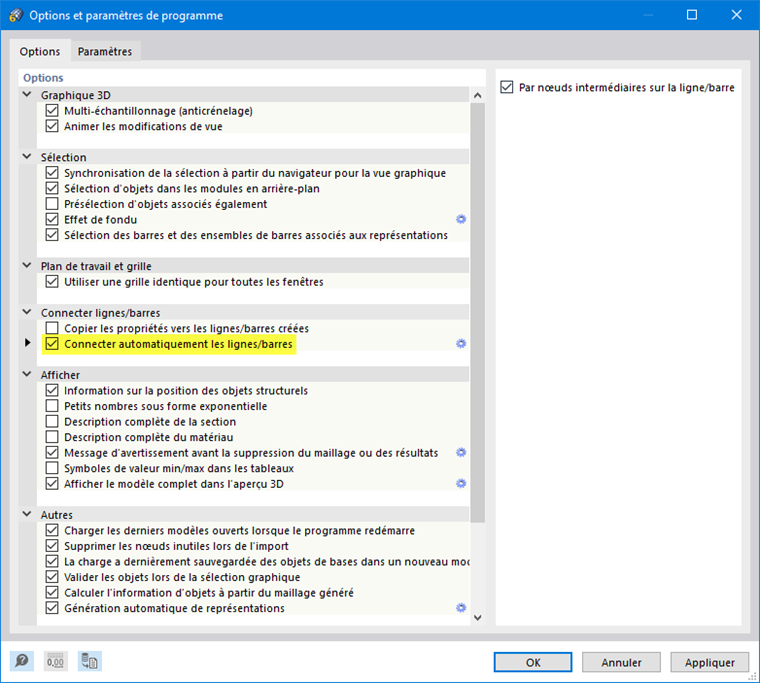 Boîte de dialogue « Options et paramètres de programme »