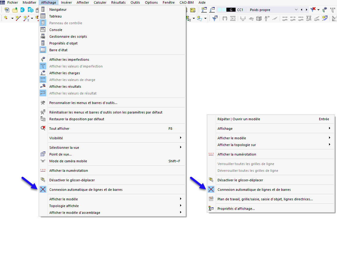 Fonction « Connecter automatiquement les lignes/barres » dans le menu (1) et le menu contextuel général (2)