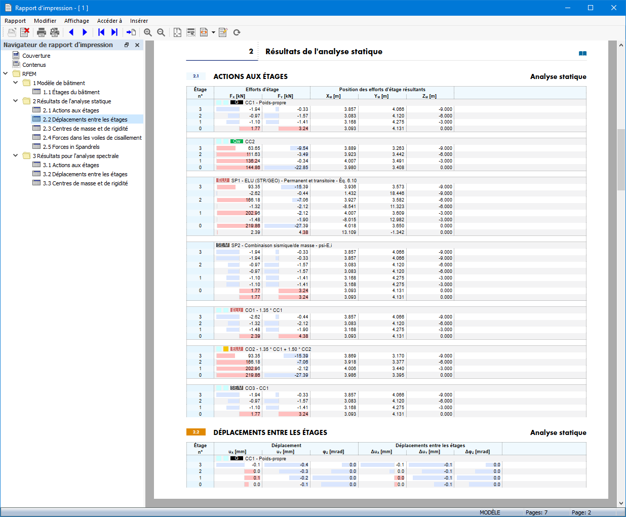 Rapport d'impression avec les données du modèle de bâtiment