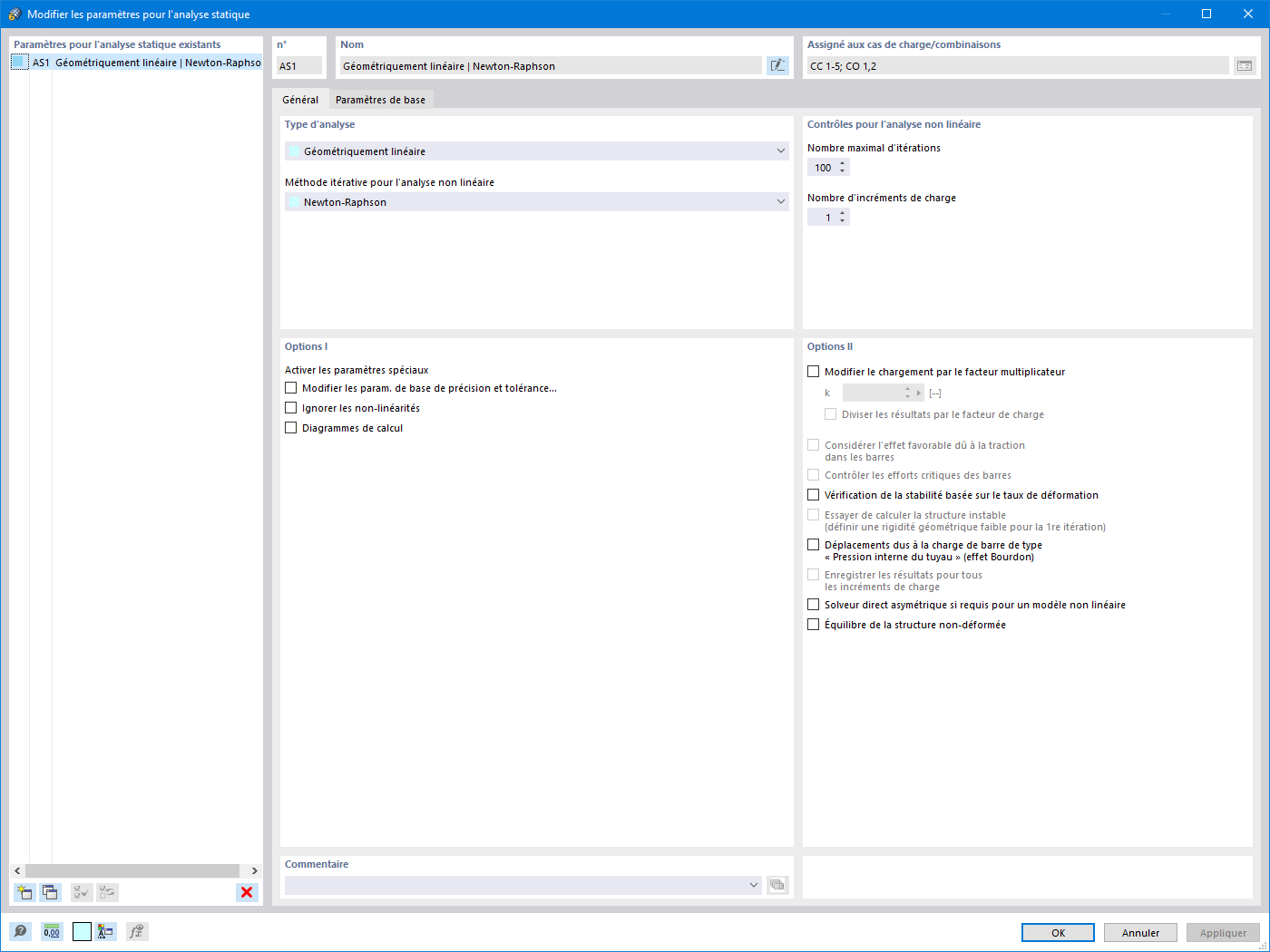 Paramètres pour l’analyse statique
