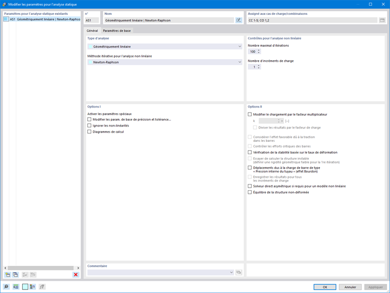Paramètres pour l’analyse statique