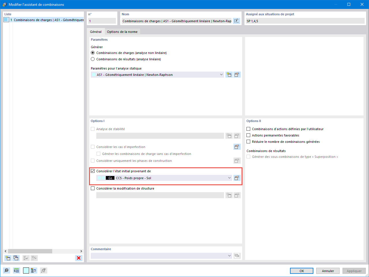 Considération de l’état initial dans l’assistant de combinaison