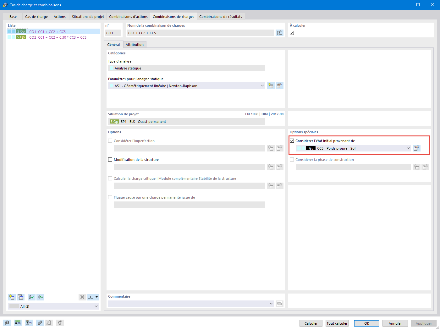 Combinaisons de charges créées via l’assistant de combinaisons