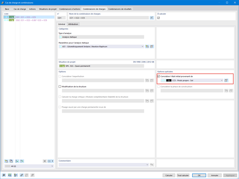 Combinaisons de charges créées via l’assistant de combinaisons