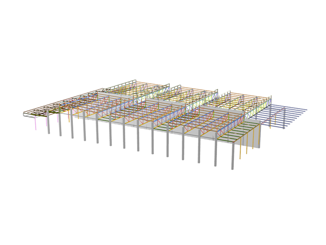Modèle complet des halles dans RFEM (à des fins de présentation, © Isenmann Ingenieure)