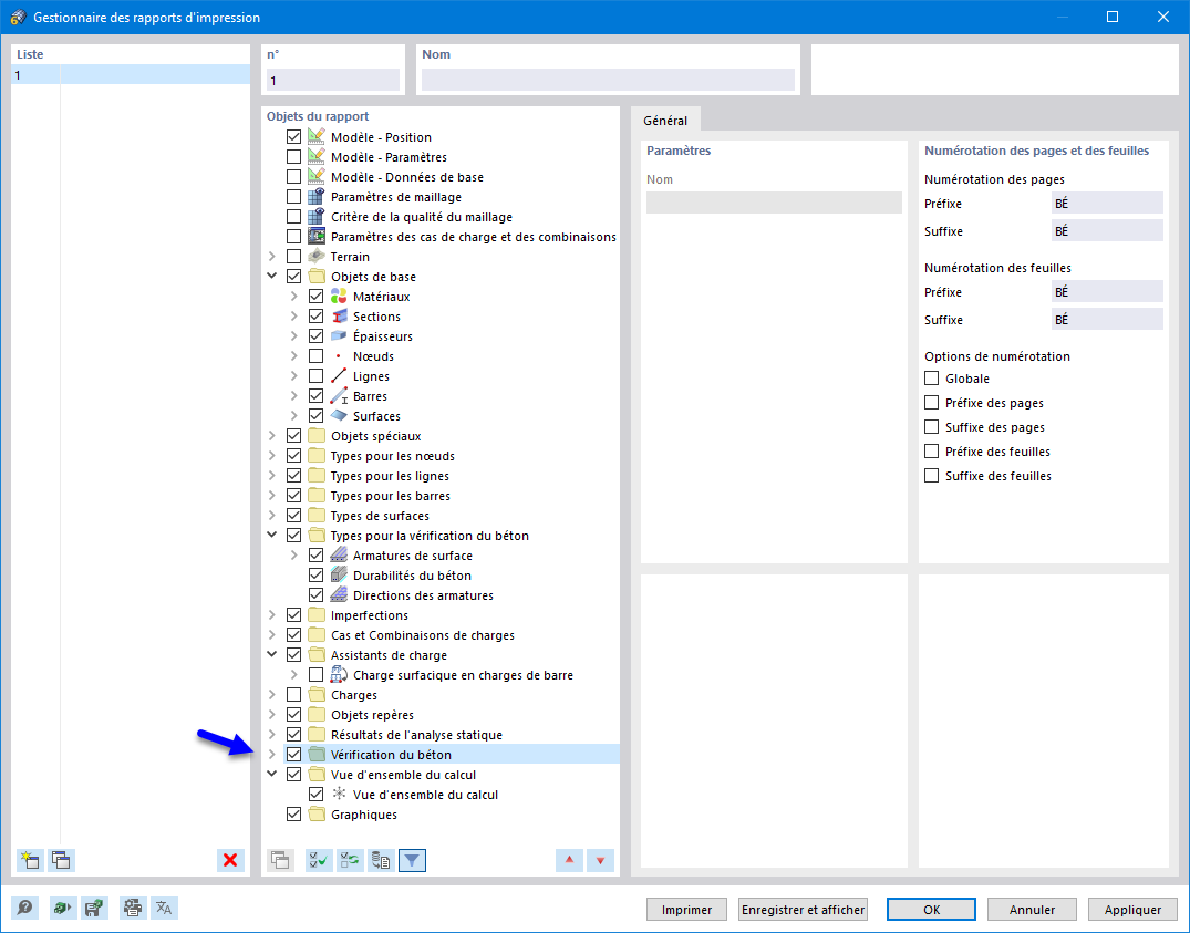 Activation des données de « Vérification du béton » dans le gestionnaire des rapports d'impression