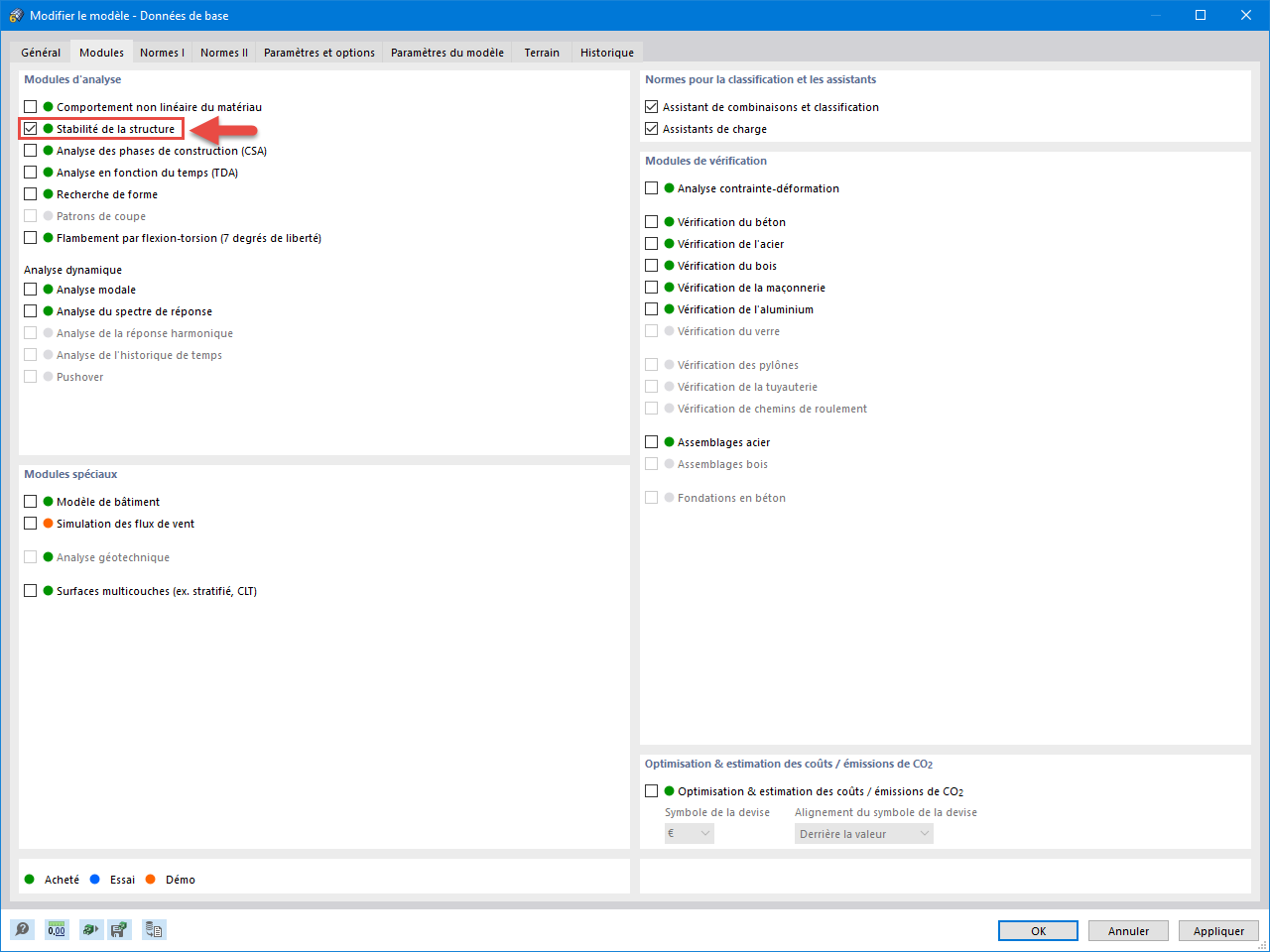 Activation du module complémentaire Stabilité de la structure