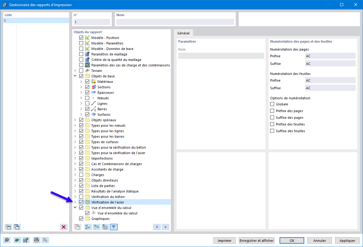 Activation des données « Vérification de l'acier » dans le gestionnaire des rapports d'impression