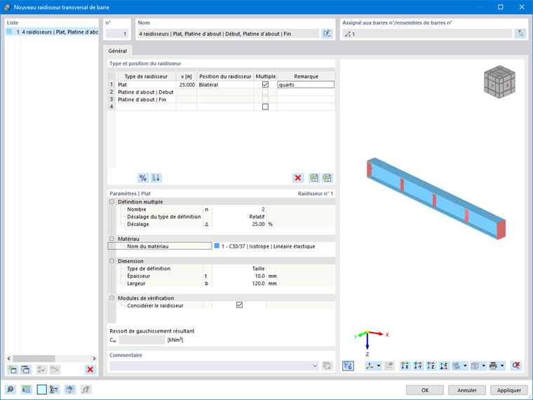 Définition multiple des raidisseurs transversaux tous les quarts