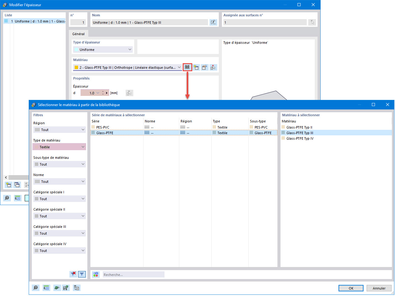 Modifier l'épaisseur et sélectionner le matériau