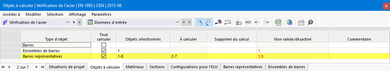 Tableau d’entrée des objets à calculer dans « Vérification de l’acier » | Barres représentatives