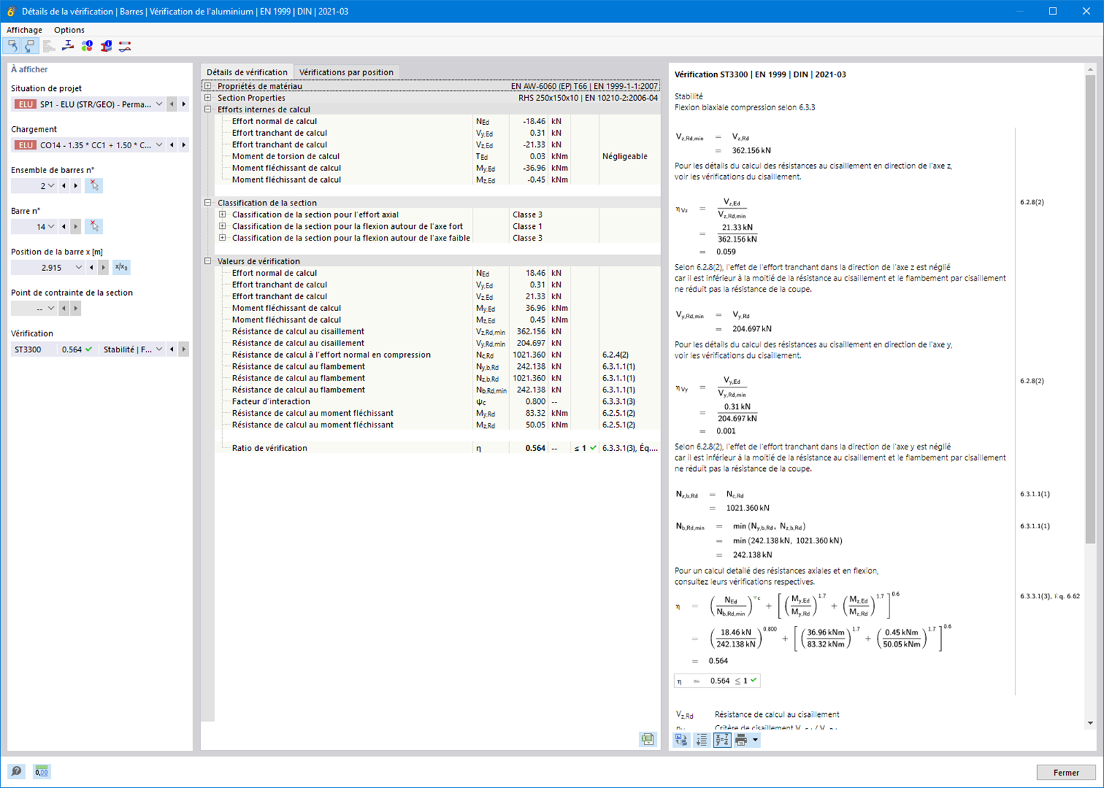 Affichage des détails de vérification pour les barres dans la vérification de l’aluminium à l’ELS.