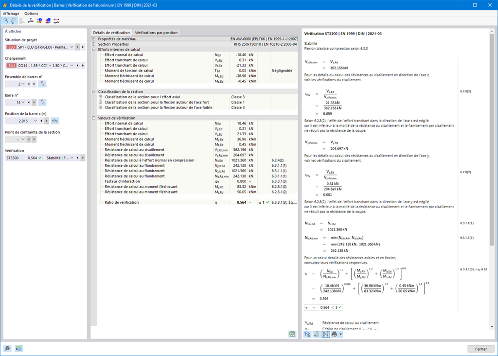 Affichage des détails de vérification pour les barres dans la vérification de l’aluminium à l’ELS.