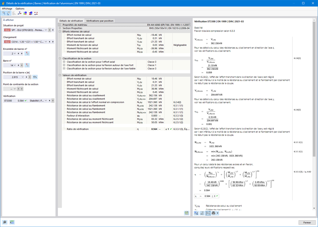 Affichage des détails de vérification pour les barres dans la vérification de l’aluminium à l’ELS.