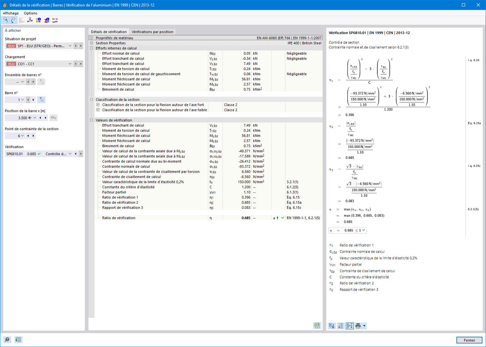 Affichage du calcul de section pour la torsion avec gauchissement dans un modèle 3D. Des efforts internes tels que l’effort normal et les moments de torsion sont montrés.