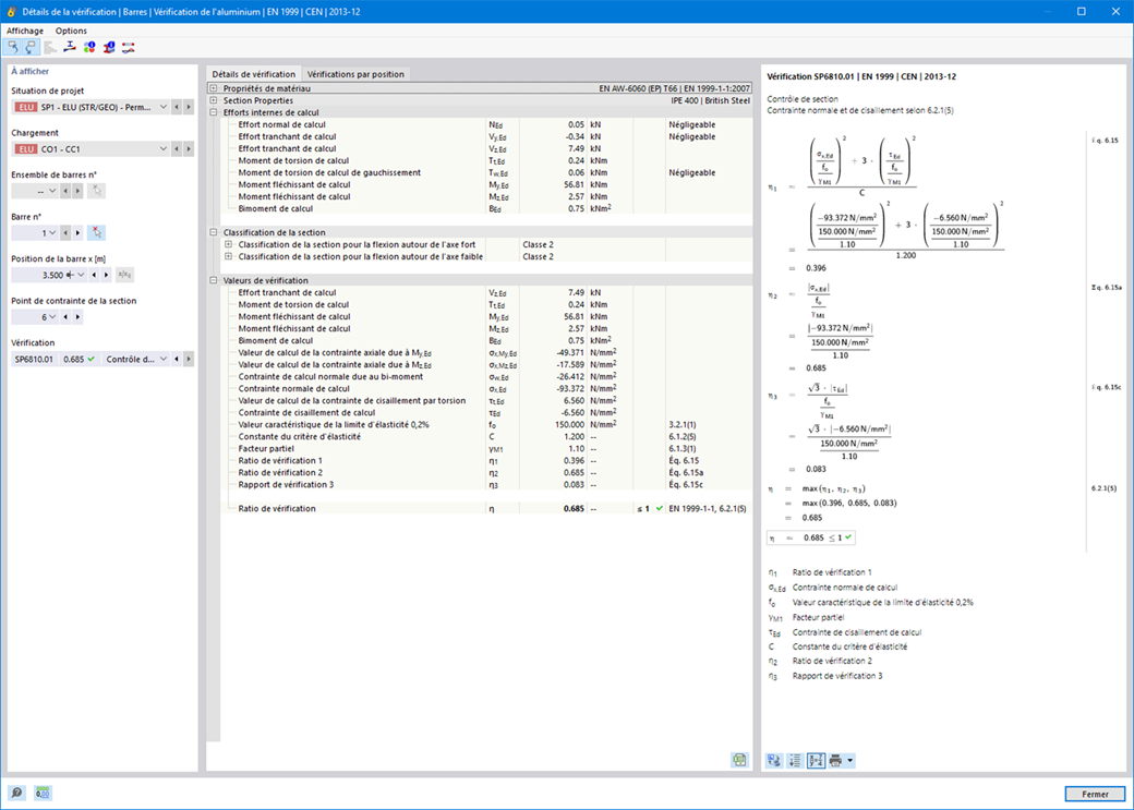 Affichage du calcul de section pour la torsion avec gauchissement dans un modèle 3D. Des efforts internes tels que l’effort normal et les moments de torsion sont montrés.