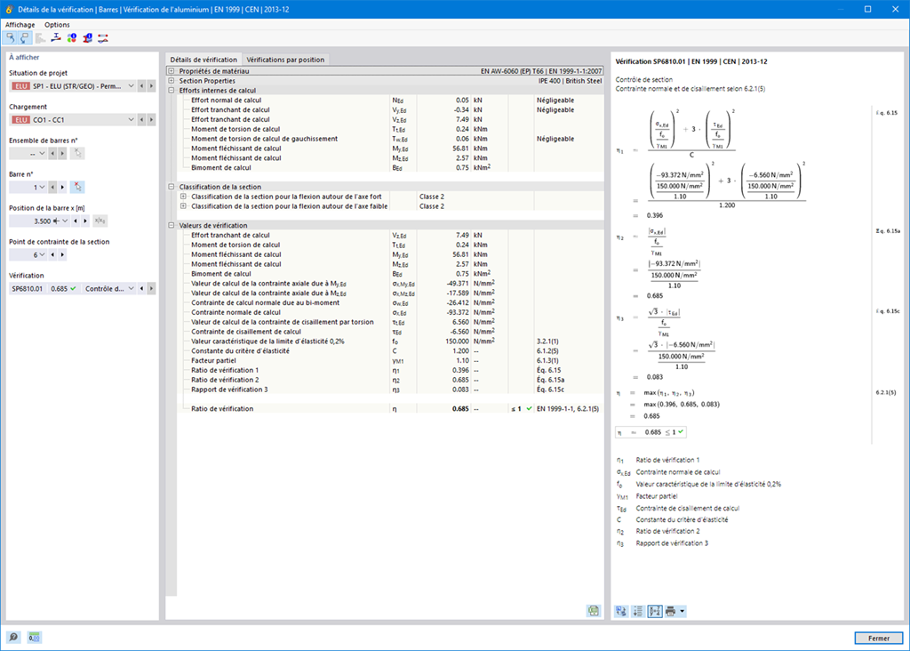 Affichage du calcul de section pour la torsion avec gauchissement dans un modèle 3D. Des efforts internes tels que l’effort normal et les moments de torsion sont montrés.