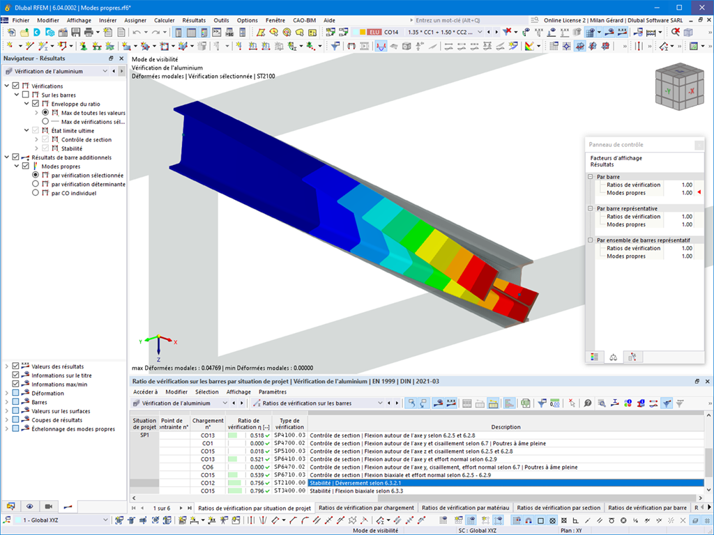 Graphique du mode propre pour la vérification de déversement. Utilisation du solveur de valeurs propres interne pour le facteur de charge critique.