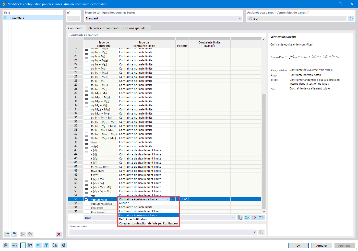 Configuration pour les barres | Général