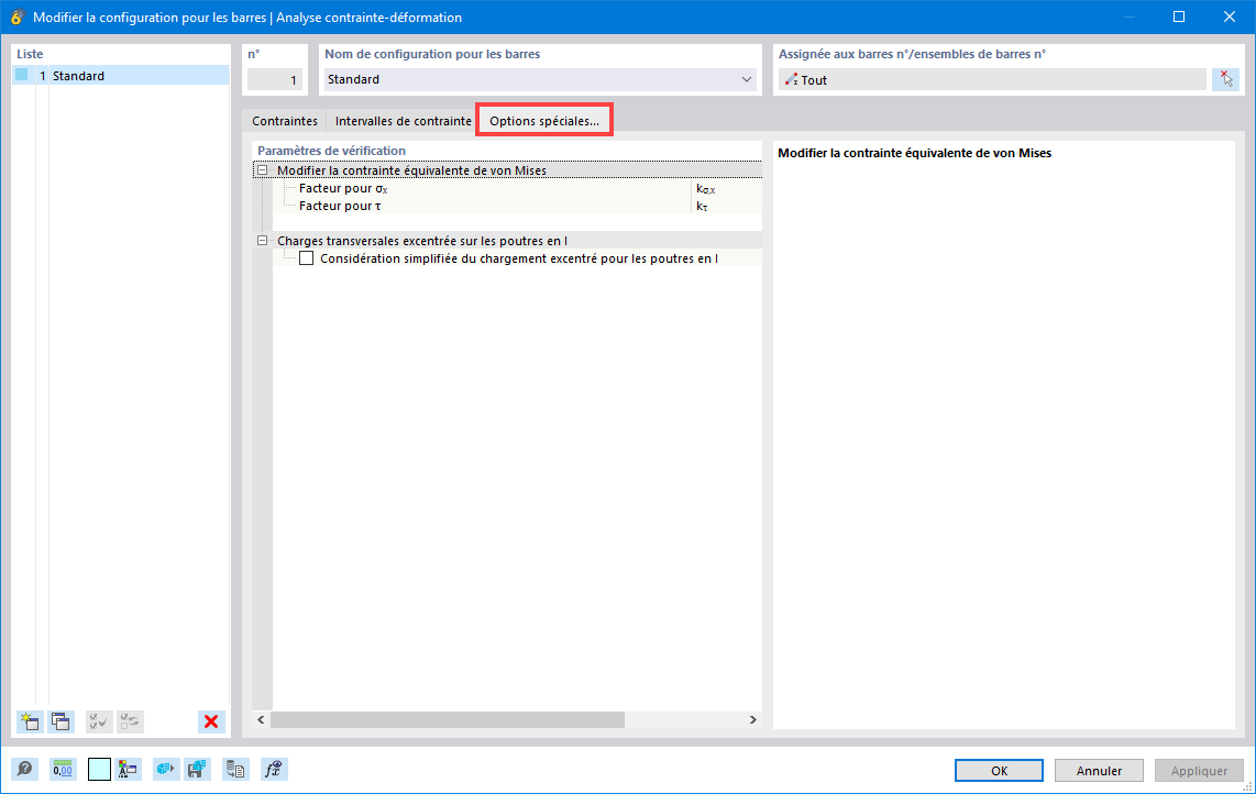 Configuration pour les barres | Options spéciales