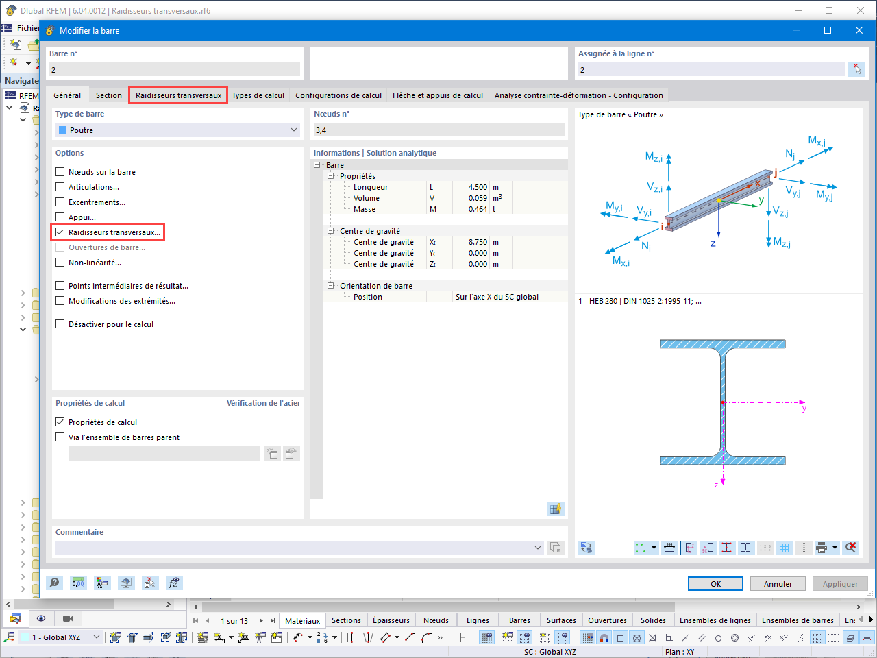 Fonctionnalité 002470 | Modèle surfacique à partir d'une barre avec raidisseurs transversaux de barre