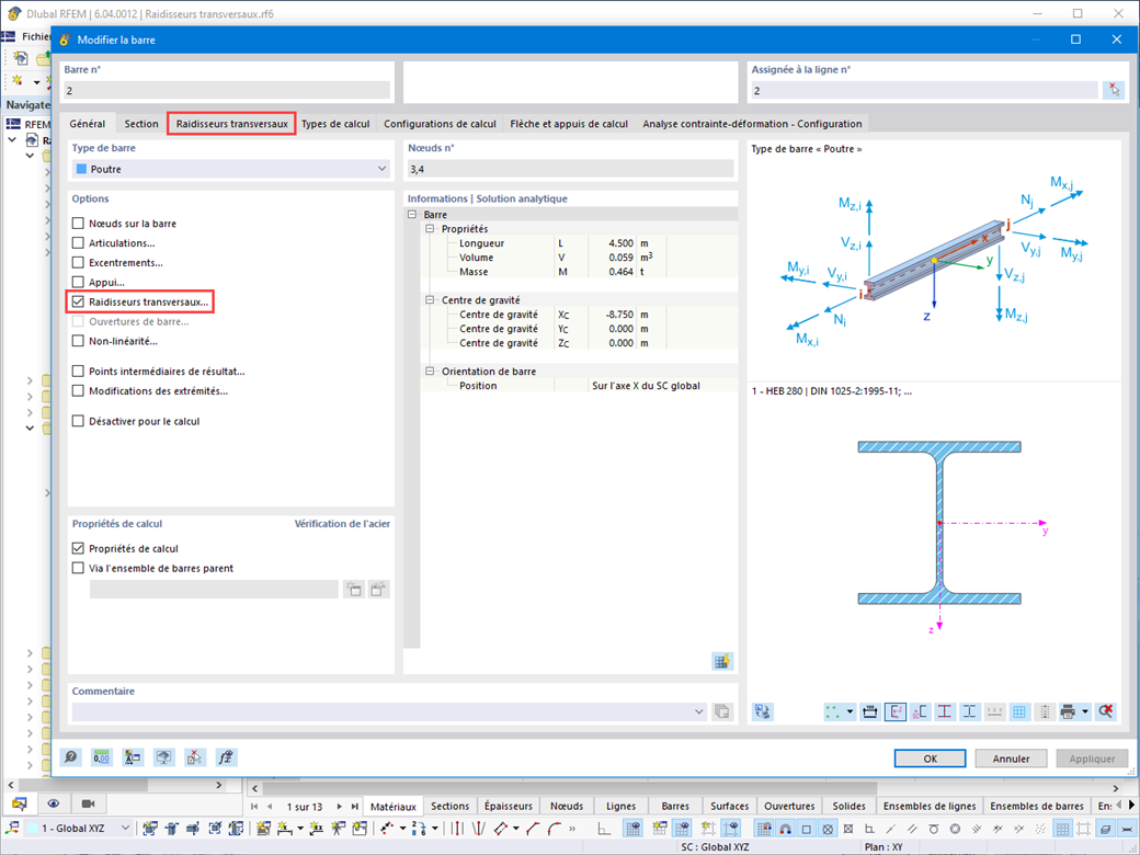 Fonctionnalité 002470 | Modèle surfacique à partir d'une barre avec raidisseurs transversaux de barre