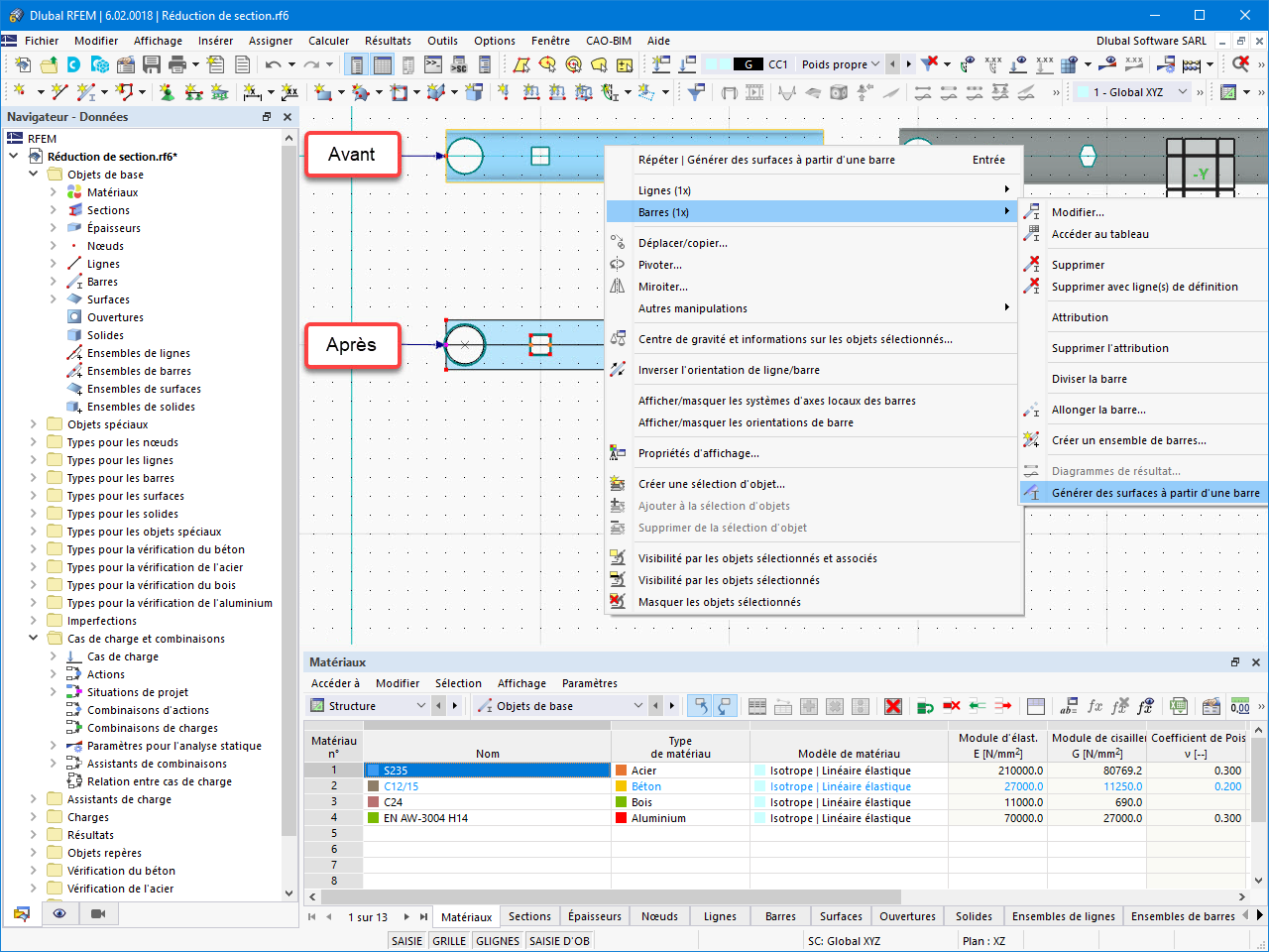 Fonctionnalité 002473 | Modèle surfacique à partir de la barre avec réductions de section locales de barre