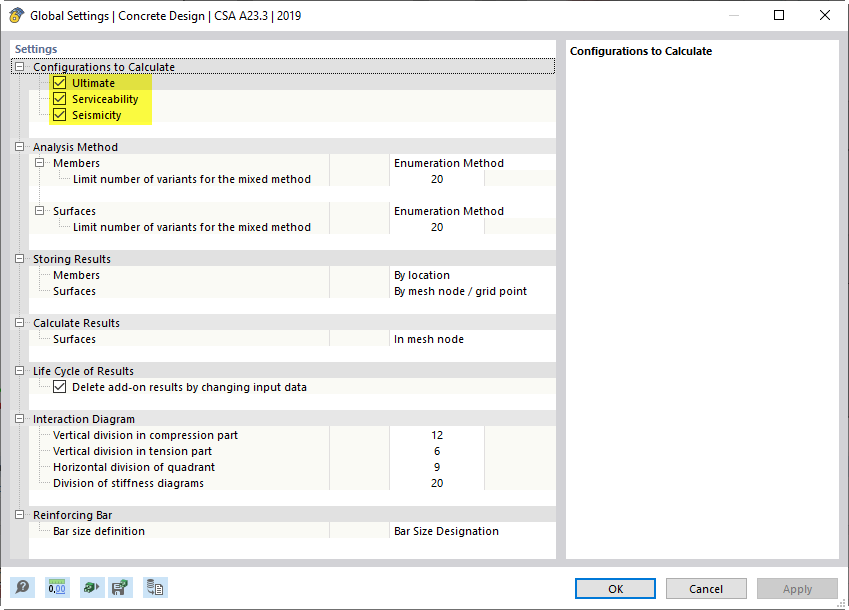 Configurations pour la vérification du béton selon CSA A23.3