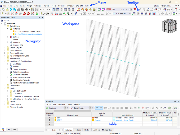 Interface utilisateur de RSTAB