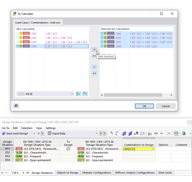 Sélection des combinaisons de charges pour la vérification