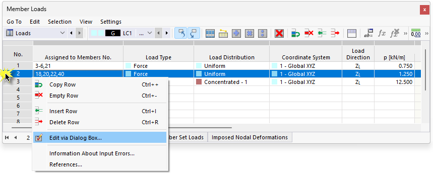 Menu contextuel du tableau