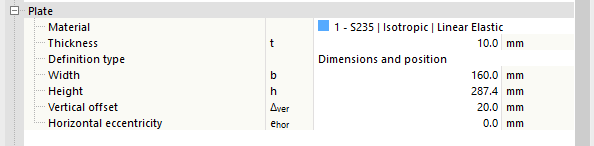 Paramètre de plaque - Type de définition Dimensions et position