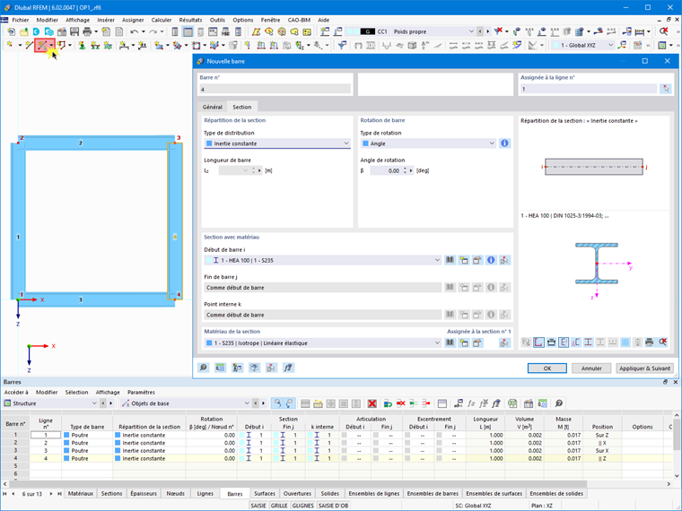 Définition des barres 1, 2, 3 et 4