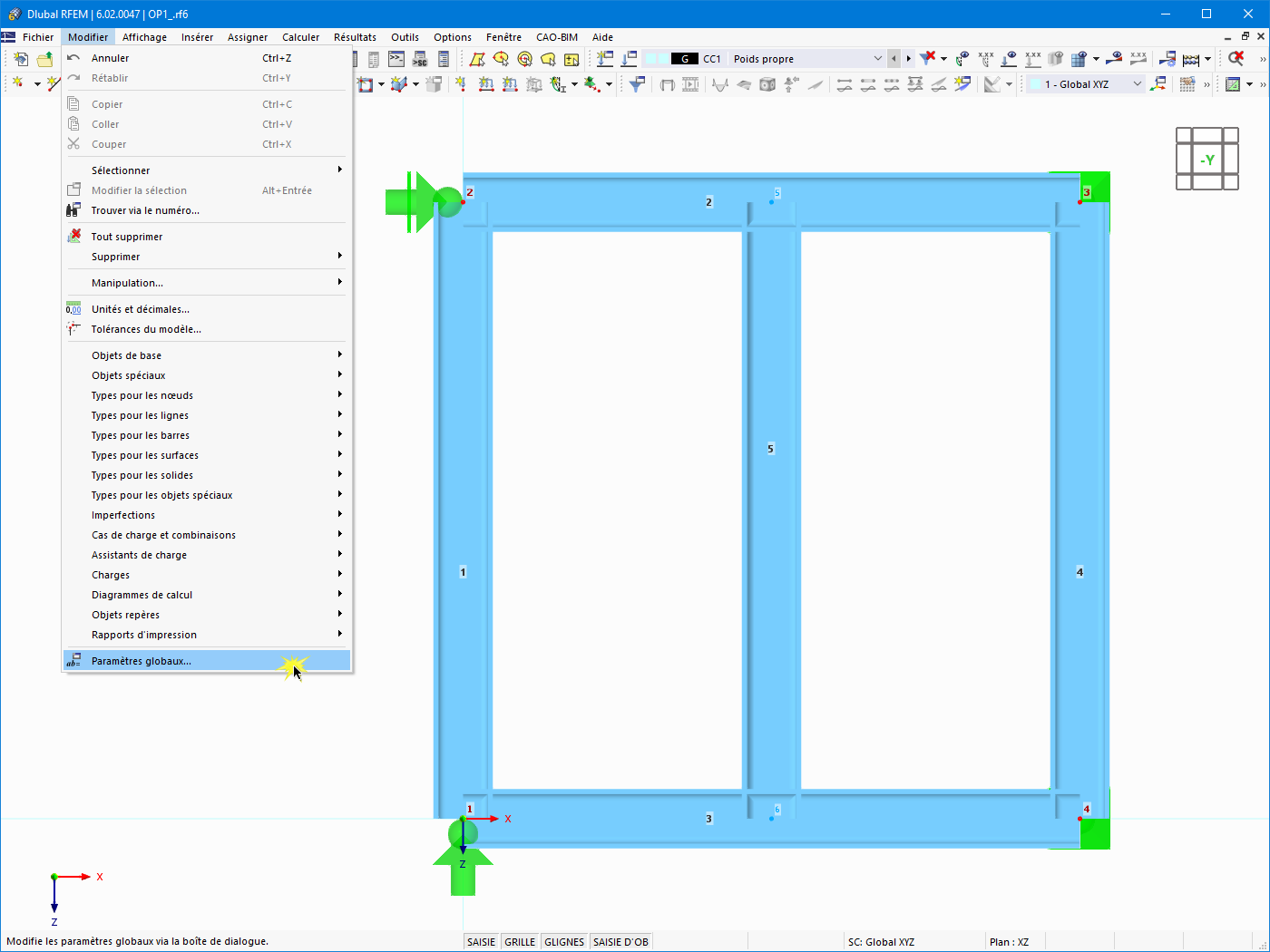 Paramètres globaux dans le menu « Modifier »