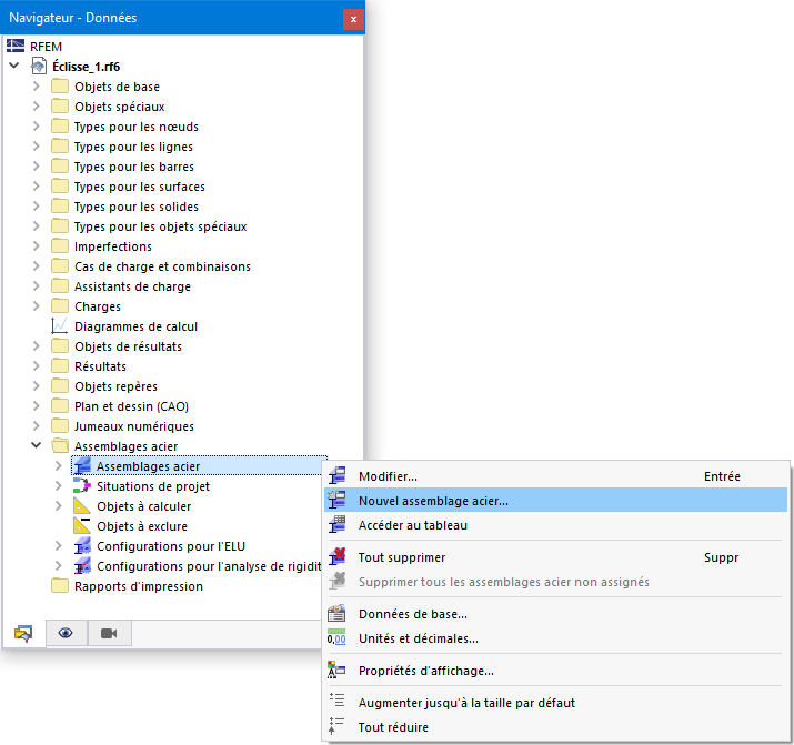 Menu contextuel pour les « Assemblages acier »