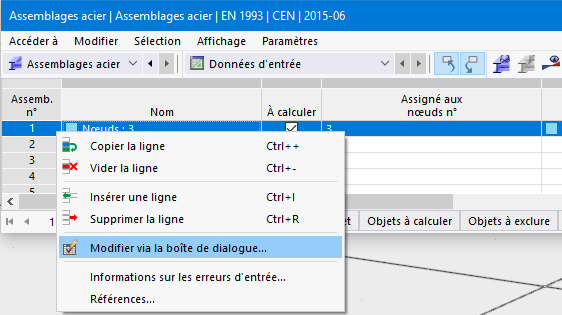 Menu contextuel du tableau
