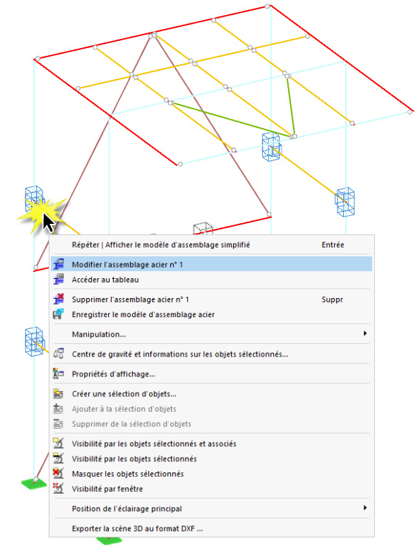 Menu contextuel d’un assemblage dans la fenêtre de travail