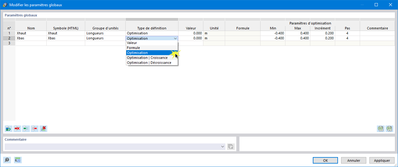 Paramètres globaux du type de définition « Optimisation »