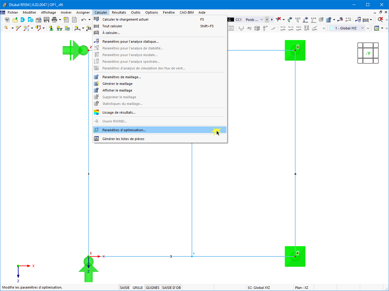 Paramètres d'optimisation dans le menu « Calculer »