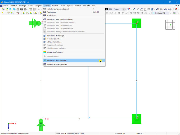 Paramètres d'optimisation dans le menu « Calculer »