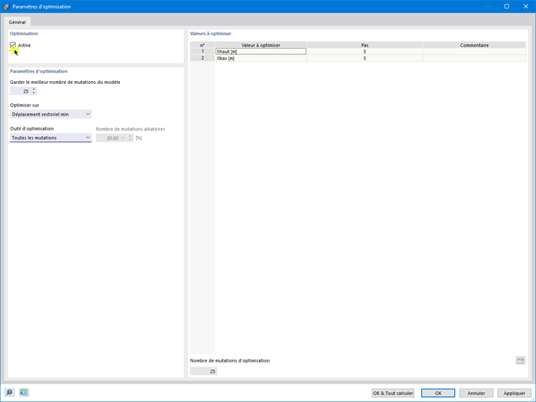 Paramètres d'optimisation