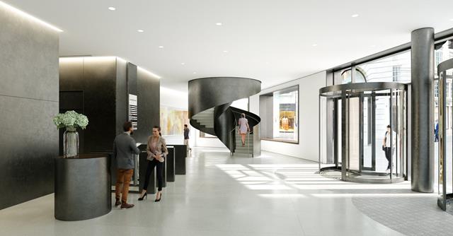 Escalier en colimaçon dans l'entrée de l'immeuble de bureaux (animation, © Fletcher Priest Architects)
